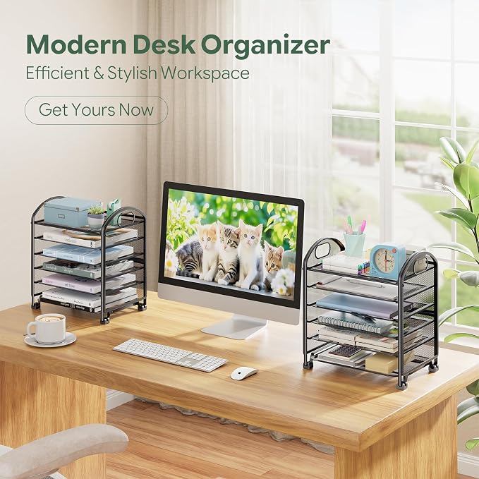 Simple Trending 6-Tier Letter Tray Organizer, Metal Mesh File Holder, Black | Fits Standard Letter-size Papers | Sturdy Metal Mesh | Non-Slip Feet | Easy-grip Handle | Black for Office Home School