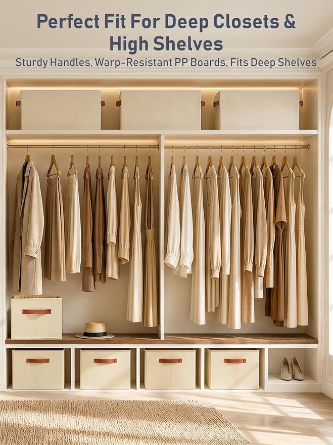 4 Pack Large Closet Storage Baskets Bins for Shelves, Collapsible Fabric Closet Organizers and Storage with Polyester Handles, Decorative Baskets for Organizing Clothes, Towels, Linen Closet 14"x10"