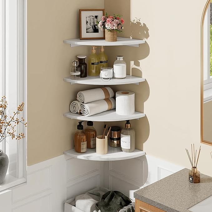 Homode Corner Floating Shelves, Set of 4 Round Corner Shelf Wall Mount with Cord Hole, 12 Inch Wood Curved Corner Hanging Shelf for Cable Box, Speaker, TV Cords, Books, Plants, White