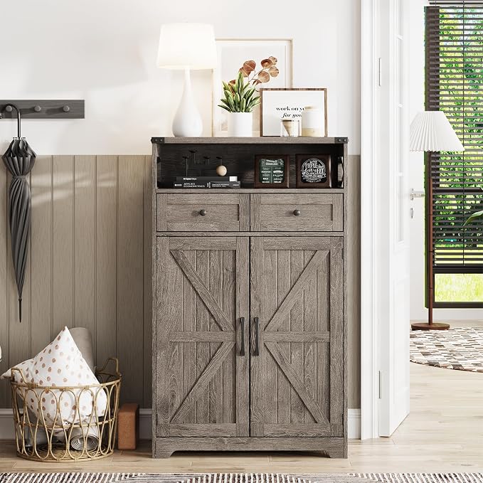 Maupvit Shoe Cabinet with Doors, 6-Tier Farmhouse Shoe Storage Cabinet with 2 Drawers & Adjustable Shelves, Shoe Cabinet Storage for Entryway, Wood Shoe Rack Organizer for Living Room Foyer Hallway