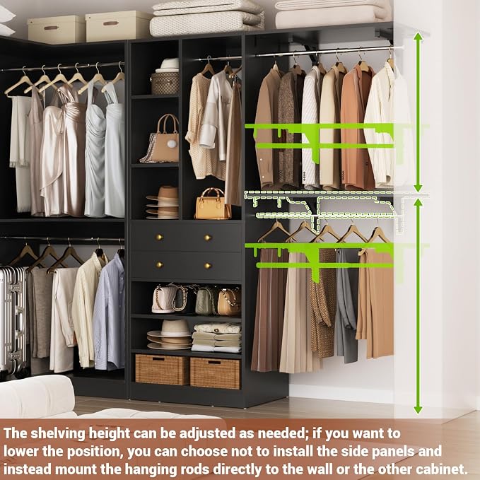 Closet System (Set of 3) with 4 Drawers, 8 Hanging Robs, 91.5"/151" Closet Organizer System with Corner Tower, Reversible Walk-in Closet System Corner Closet System, Black