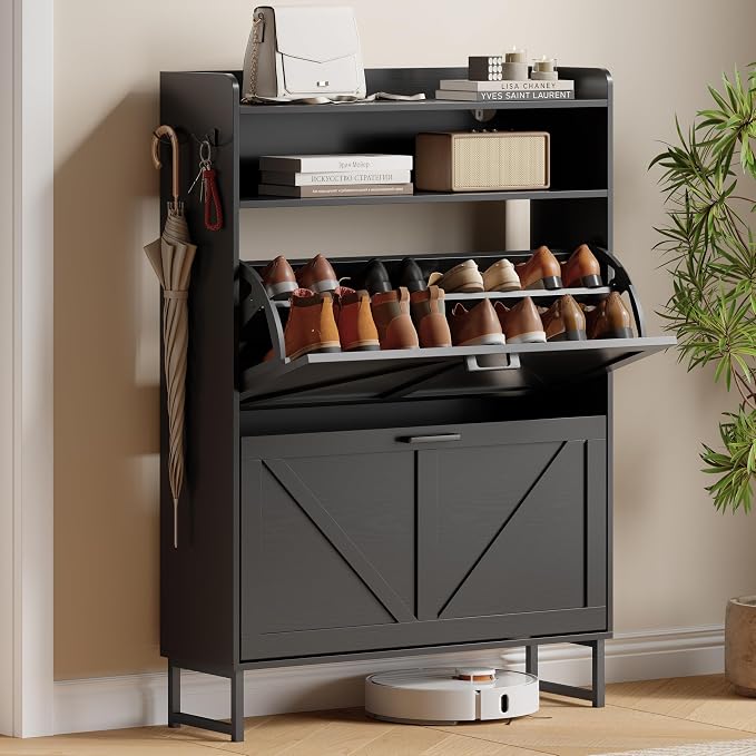 Shoe Cabinet with 2 Flip Drawers, Freestanding Hidden Shoe Storage Organizer for Entryway, Narrow Slim Shoe Rack Cabinet with Open Storage & Hooks for Front Door Entrance, Living Room, Hallway, Black
