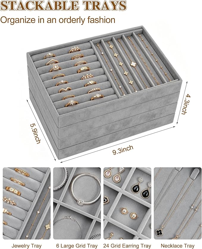 Velvet Jewelry Drawer Organizer Tray Set, 4-Layer Stackable Storage with Removable Dividers for Earrings Rings Necklaces Bracelets (Grey, 4 Layers)