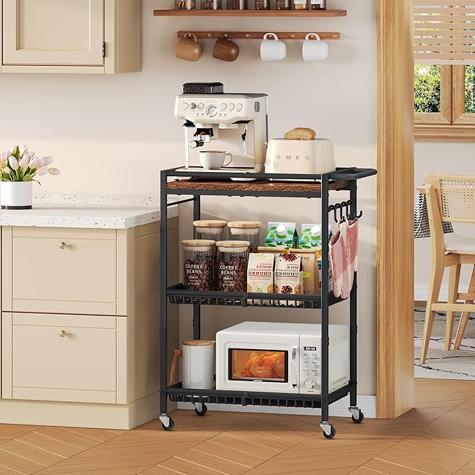 Microwave Kitchen Rolling Cart, 35.43" H Microwave Table Stand with Lockable Wheels, Utility Cart with Adjustable Shelf for Small Kitchen Island, Coffee Bar Table, Appliance Storage, Bakers Rack