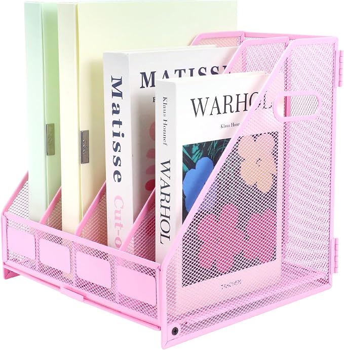 Desk Organizers Metal Magazine File Holder Racks Desktop Folder Storage Binder Organiser Document Organization for Home Office & Classroom,4 Vertical Compartments-Pink