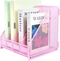 Desk Organizers Metal Magazine File Holder Racks Desktop Folder Storage Binder Organiser Document Organization for Home Office & Classroom,4 Vertical Compartments-Pink