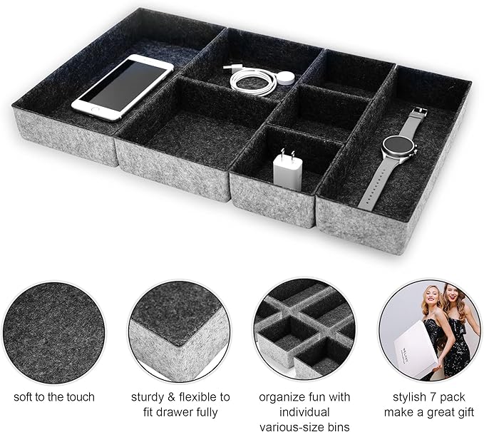 Welaxy Deluxe drawer organizers trays multi-purpose storage box junk bins for kitchen bedroom bathroom nightstand holder luxury 7-piece Style B (Charcoal)
