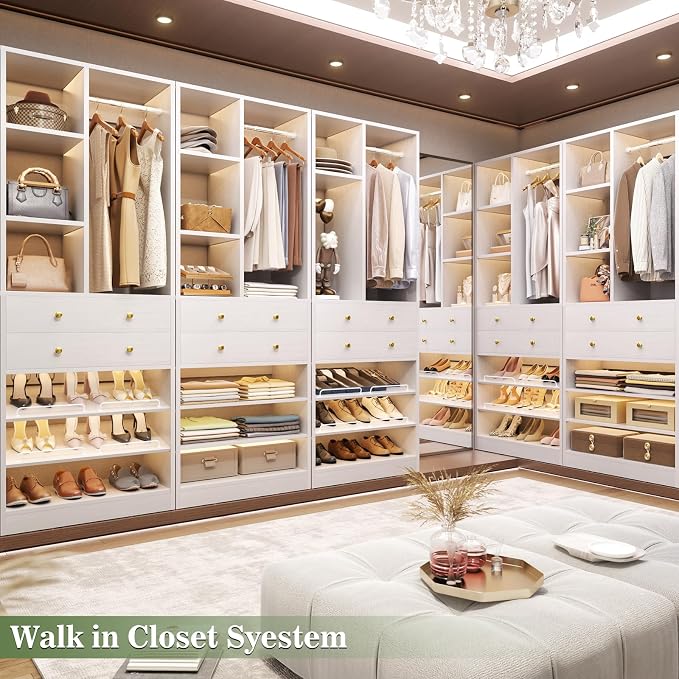 Besiost Closet System, 55.6"/4.7 FT Closet Organizer System with Drawers and Shelves, Walk-in Closets Systems for Small Closets, Free Standing Reach in Closet Tower, Load 1200+LBS, White 2 Pack