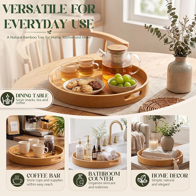 Mifoci 16 Inch Bamboo Lazy Susan Turntable, Rotating Serving Tray with Handles and Rim, Round Kitchen Countertop Organizer for Cabinet, Pantry, Dining Table