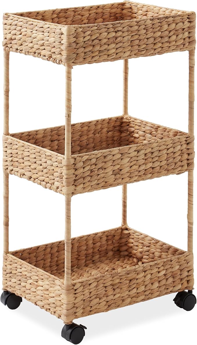 Casafield 3-Tier Rolling Storage Cart - Natural, Water Hyacinth Nursery Caddy, Utility Cart for Bathroom, Craft Room, Laundry Room Organization