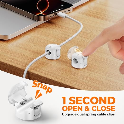 6 Pack Spring Cable Clips,Cord Organizer with Clasp Lock Desk Cable Management Cord Holder Adhesive Phone Charger Cord Clips for Home Office Car Wall Nightstand Accessories White