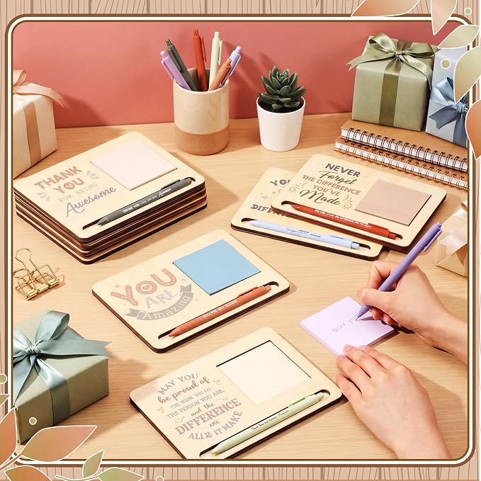 Kosiz 10 Set Back to School Teacher Gifts Morandi Wooden Sticky Note Holder with Notes and Ballpoint Pens Inspirational Sticky Notes Sets for Back to School Teacher Staff Thank You Gifts