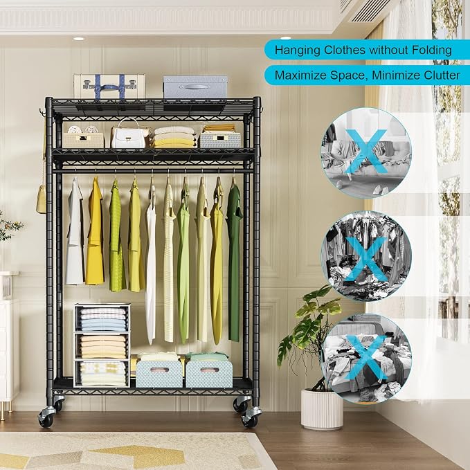 FUTASSI P3 Plus Rolling Clothes Rack, Clothing Racks for Hanging Clothes, Heavy Duty Garment Rack with Wheels, Freestanding Portable Closet Racks 45" W x 14" D x 78.5" H, Max Load 480 LBS, Black