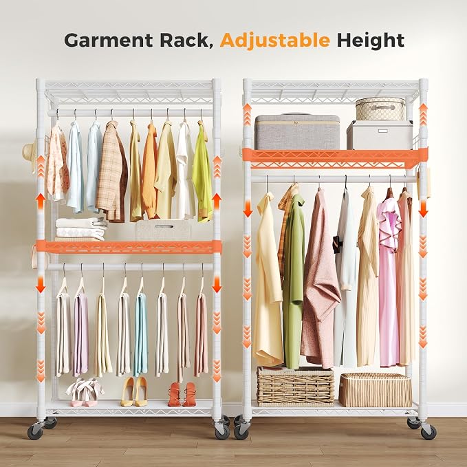 OLIXIS Clothes Rack Heavy Duty Adjustable Garment Clothing Rack with Wheels, Rolling Metal Freestanding Closet Organizer for Hanging Clothes with 2 Side Hooks, Double Rods, 35" x 15" x 75", White