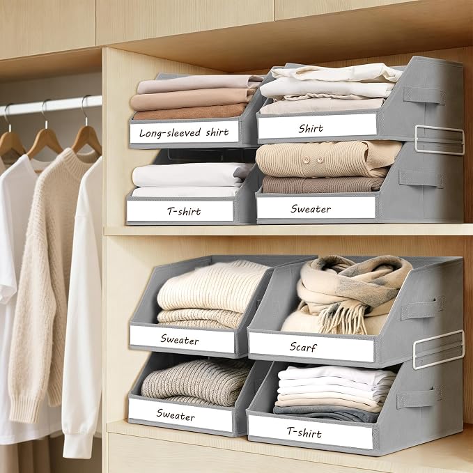 Homsorout Closet Organizers and Storage - 5 Tier Shelf Organizer with Weekly Labels, Stackable Storage Bins with Metal Frame, Foldable Cube Bins, Home Baskets for Kids and Adults, Grey