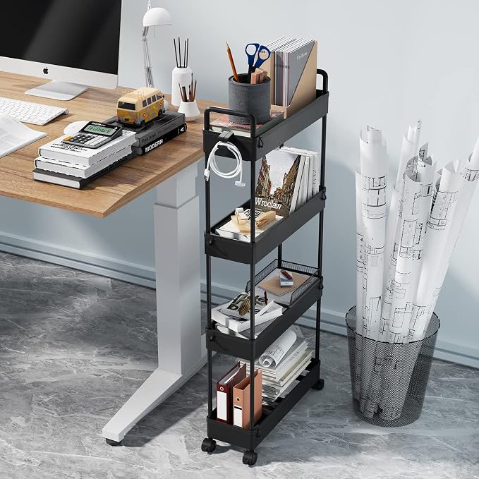 SOLEJAZZ Slim Rolling Storage Cart Skinny Bathroom Organizer, 4 Tier, Black | Thin utility cart with wheels for bathroom, laundry room, bedside, kitchen, dorm, office, next to fridge, small narrow places