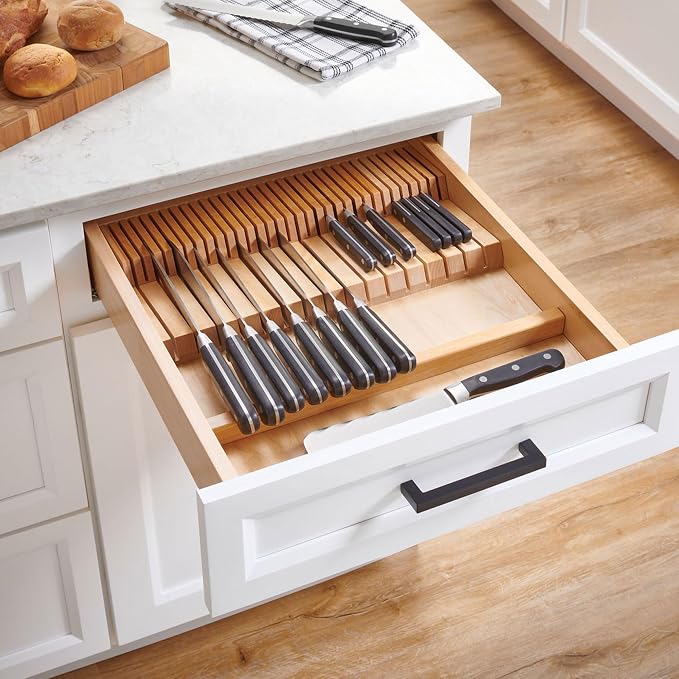 Rev-A-Shelf Dual Row Trim-to-Custom Fit Knife Block Drawer Organizer with Storage Holder for Kitchen Utensils, 55 Slot Cutlery Tray, Wood, 4WDKB-1
