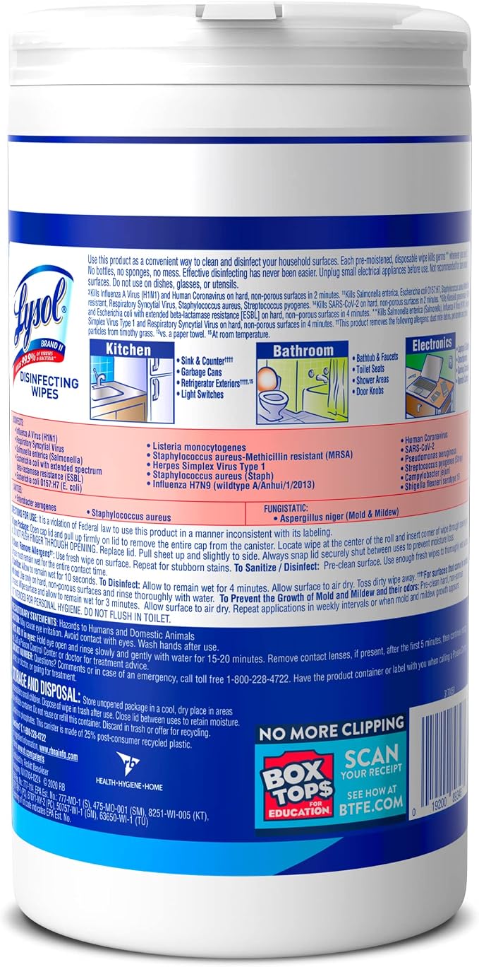 Lysol Disinfecting Wipes, Multi-Surface Cleaner, Crisp Linen, 80 ct. | All Purpose Cleaner, Sanitizing, Deodorizing, Apartment Essentials, Back To School Cleaning Supplies, Kitchen & Bathroom Wipe