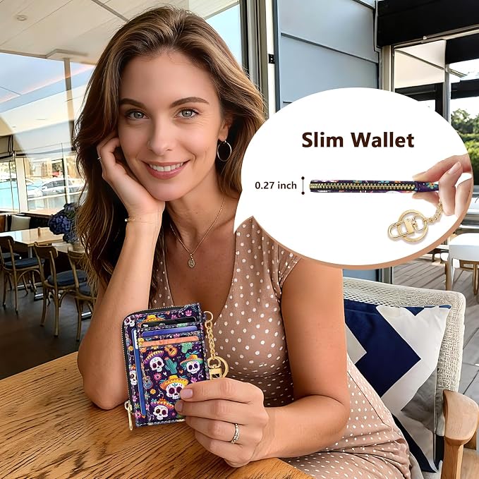 GIANCOMICS Slim Wallet Credit Card Holder Women, Sugar Skull Rfid Blocking Small Card Case, Keychain Thin Pocket Curved Zipper Wallet, Travel Card Holder PU Leather ID Window, Ladies Female Gifts