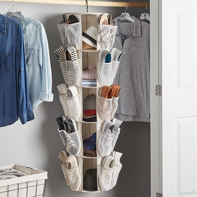 5 Tier Rotating Hanging Closet Organizer with 40 Mesh Pockets, 360 Degree Hanging Storage Organizer, Canvas Closet Shelf Organizer for Shoes, Sweaters, Hats, Bags, Toys, Bedroom, Nursery, Closet