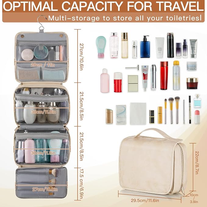 Elviros Hanging Travel Toiletry Bag for Women Vegan Leather (Beige) | 3-in-1 Waterproof Makeup Bag with Compartments for Skincare, Toiletries, Accessories, and Travel Essentials