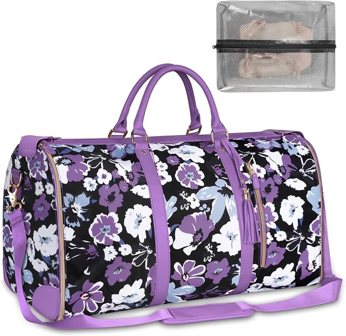 Carry On Garment Bag for Women, Convertible Garment Bag for Travel with Shoe Pouch, Water Resistant Travel Duffel Bag, 2 in 1 Hanging Suitcase Suit Travel Bags Weekender Bag, Floral