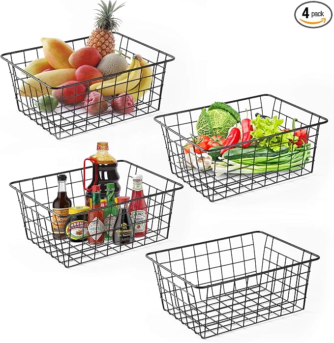 Wire Baskets for Organizing 4 Pack Pantry Baskets For Storage 11x8.7x4.7in | Wire Baskets for Kitchen Refrigerator Freezer Cabinet Shelf Garage,Metal Bin with Side Handles for Easy Pull (Black)