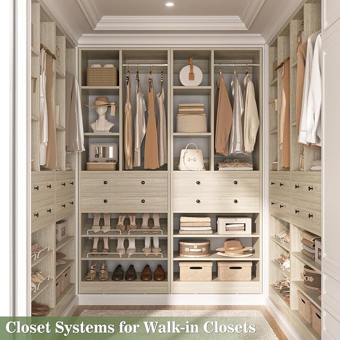 Besiost Closet System, 111"/9.3 FT Closet Organizer System with 8 Drawers and Shelves, Can Fit 120"/10FT Walk-in Closets Systems, Free Standing Reach in Closet Tower, Load 2400+LBS, Greige 4 Pack