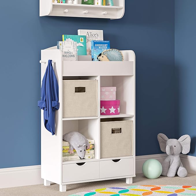 RiverRidge Folding Storage Bins - 2-pack of 10in Tall Taupe Cubes | Fabric Bins, Set of 2 Storage Cubes, Cut-out Handles, Playroom Closet Organizer, Collapsible Cubby with Bottom Board Insert