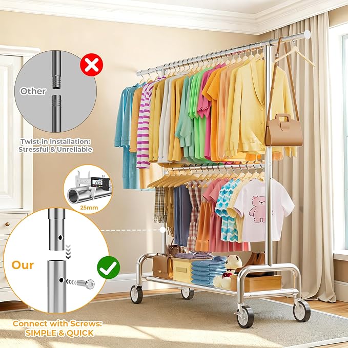 Heavy Duty Clothes Rack Load 860LBS, Double Rods Rolling Clothing Racks for Hanging Clothes, Rolling Garment Rack With Sturdy Wheels Shelves, Portable & Adjustable Commercial Garment Rack, Chrome