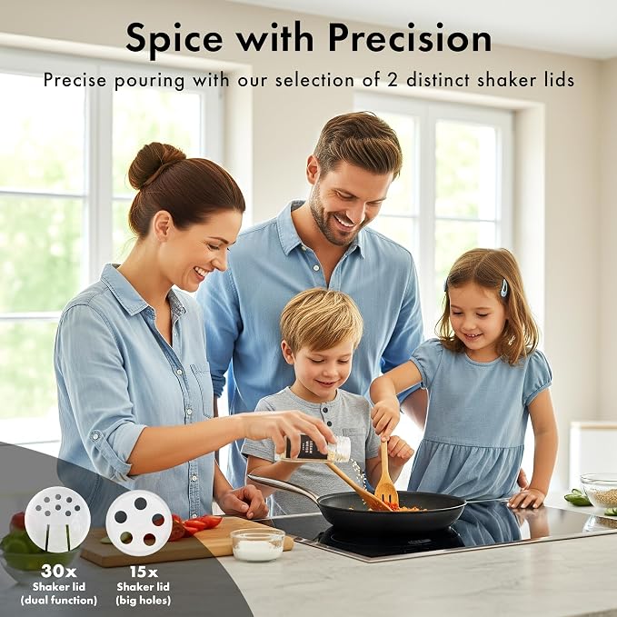 EDELHAUS Glass Spice Jars with Label, Seasoning Set, 36x Black Steel Lids | Airtight Lids keep spices fresh, Kitchen Spice Drawer Organizer, 4oz Seasoning Containers incl. Funnel, Brush & 240 Labels