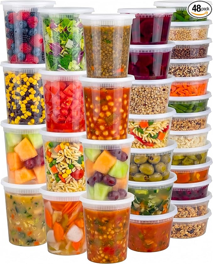 48 Sets Plastic Deli Containers with Lids - 8oz, 16oz Pint & 32oz Quart | Leak Proof, Microwaveable, Dishwasher & Freezer Safe - Plastic Food Storage, Meal Prep, Restaurant & Soup Containers