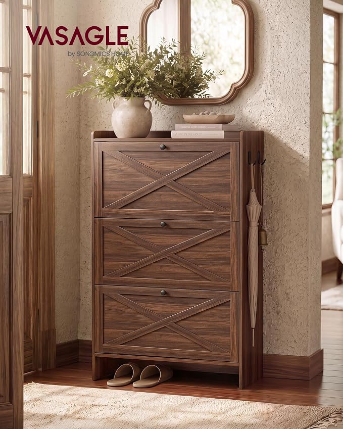 VASAGLE Shoe Storage Cabinet Organizer with 3 Flip Drawers, Freestanding Narrow Shoe Rack Cabinet for Entryway, Farmhouse Style, Fits 14 to 16 Pairs, Chestnut Walnut UHSC303KX01