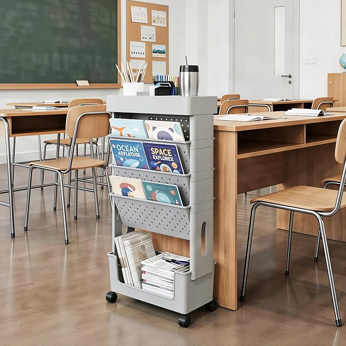 5-Tier Rolling Bookshelf Magazine Rack with Wheels Gray | Mobile Bookcase, Book Storage File Folder Organizer Cart for Home Study Office Living Room Classroom