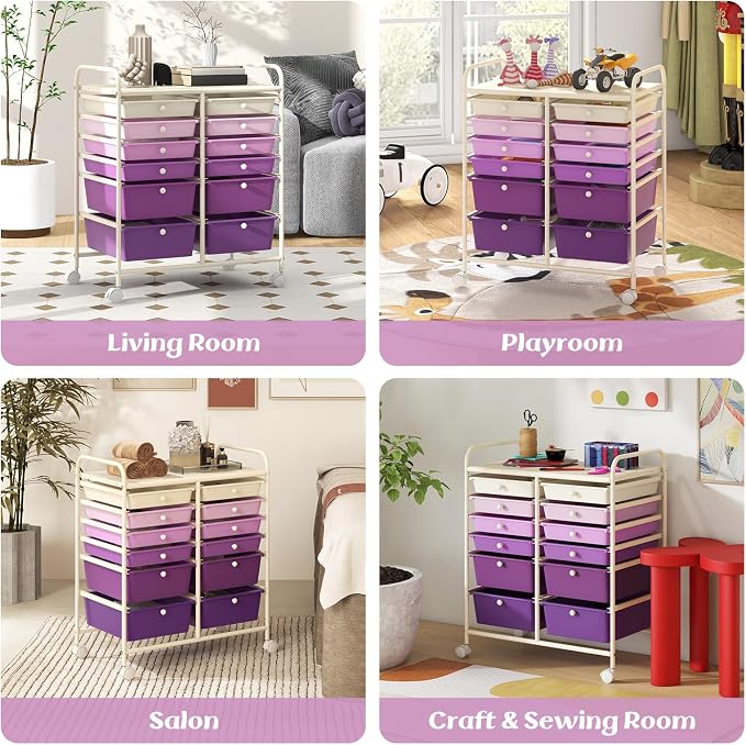 DREAMADE Rolling Cart with Storage Drawers, Utility Cart w/Removable Plastic Drawers, Lockable Wheels, Art Cart for Classroom Organization Art Supplies Office Scrapbook (12 Drawers, Purple Gradient)