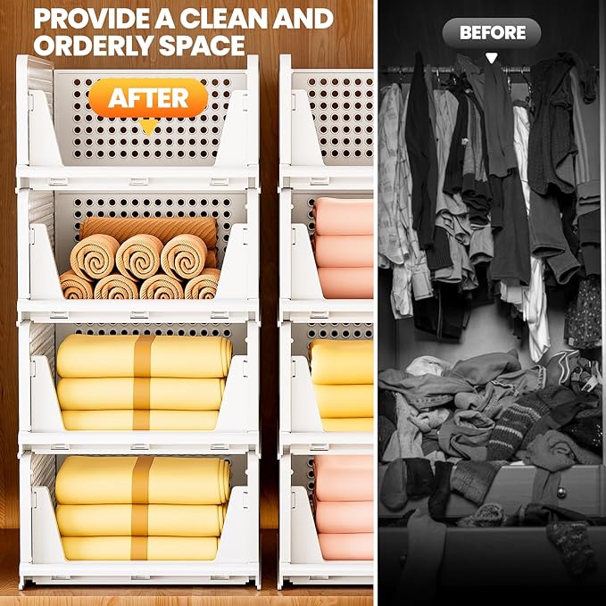 Mavivegue 5 Pack Stackable Closet Storage, Plastic Drawer Basket,Closet Organizers Storage Box for Cupboard,Bedroom, Kitchen, Bathroom, Office White