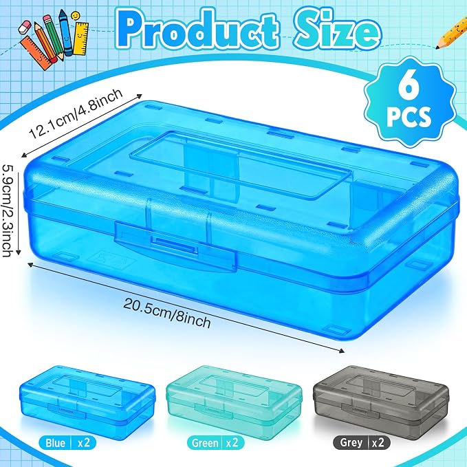 Blulu 6 Pack Large Plastic Pencil Case Box Clear Pencil Boxes Bulk Hard Crayon Box Storage with Snap Lids 8.1 x 4.7 x 2.2 Inch Painting Organizer Classroom Stationery School Supplies (Soft Color)