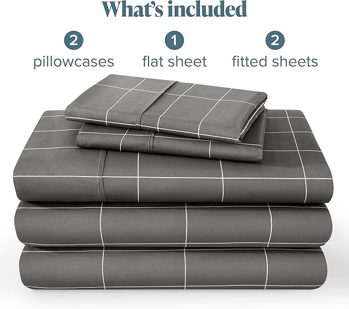 Bare Home Split King Sheet Set - 1800 Ultra-Soft Microfiber Bed Sheets - Double Brushed - Deep Pockets - Easy Fit - 5 Piece Set - Bed Sheets & Pillowcases (Split King, Grid - Grey/White)