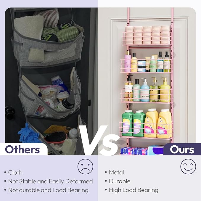 SWTYMIKI Over The Door Organizer - Door Organizer Hanging with 5 Adjustable Metal Large Capacity Basket and 6 Coat Hook, Wall Mounted Shelf for Bedroom Closet Bathroom Laundry Pantry Cabinet Kitchen