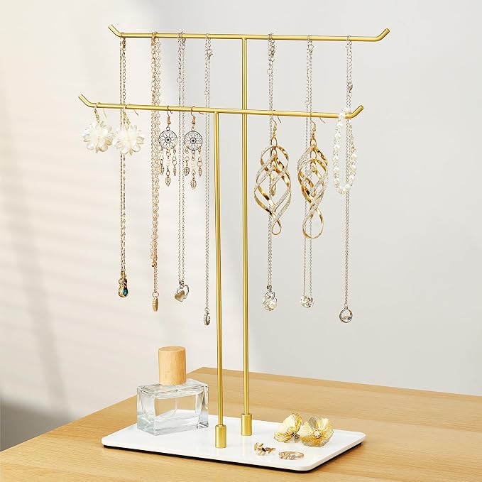 Necklace Holder Stand,Metal Jewelry Organizer for Home Decor,White and Gold | Modern Design,Easy Assembly,Non-Slip EVA Pads,Gift for Woman,Necklace Display for Bedroom,Vanity and Dresser
