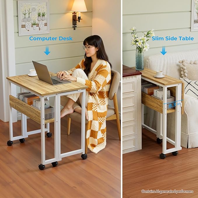 GreenForest Folding Desk with Wheels, 24.8" Rolling Table for Small Spaces | Storage Shelf, Lockable Casters, Compact Portable Workstation, Space-Saving Foldable Sofa Table, Home Office, Mobile, Oak