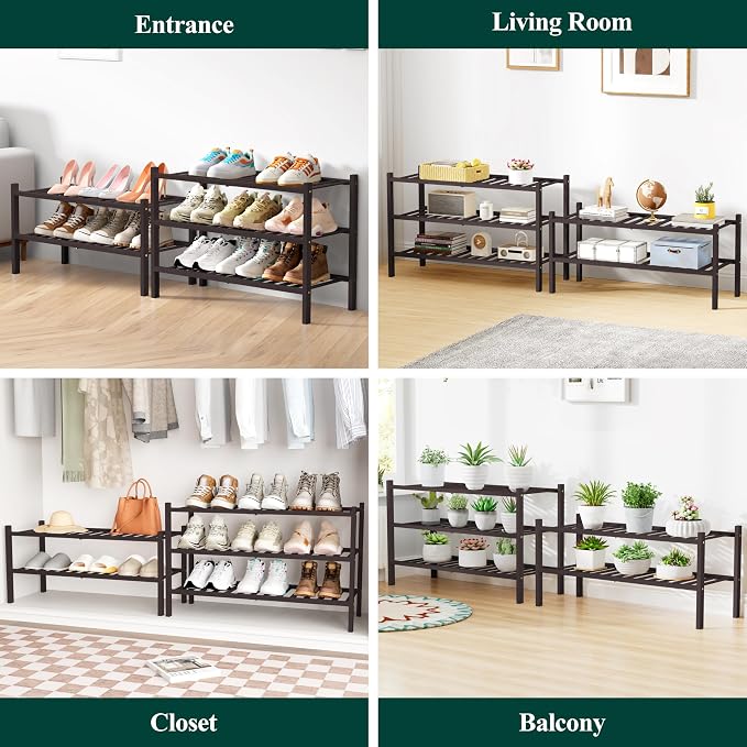 Smiry Bamboo Shoe Rack for Closet, 3 Tier Wooden Shoe Organizer, Stackable Wood Shoe Storage Shelf for Entryway, 14 Vertical Slats, One-piece Heavy-Duty Legs, 26.77"x11.02"x18.31", Brown
