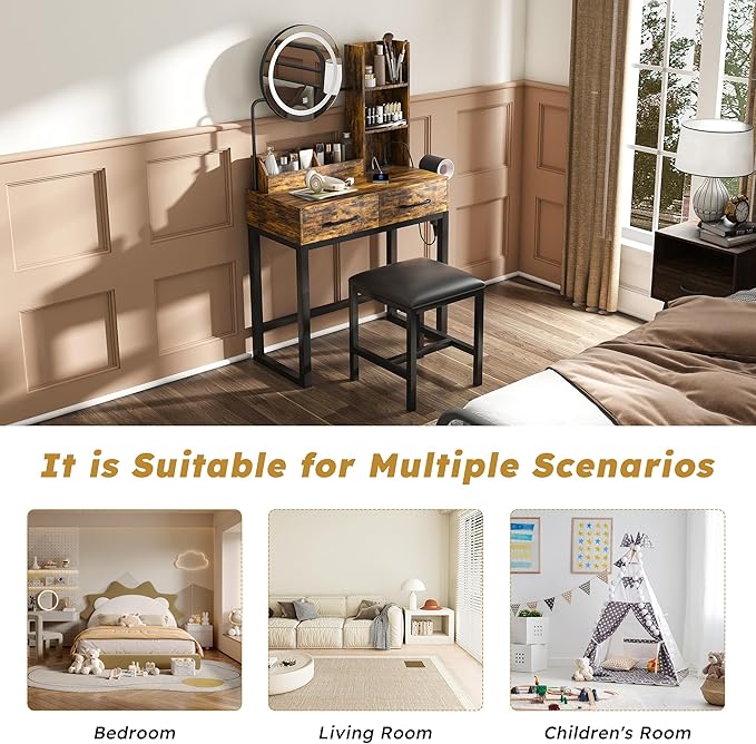 Small Makeup Vanity Desk with Large Mirror and Lights, Vanity Table with 2 Storage Drawer & Open Shelves, 3 Lighting Colors,LED Mirror Adjustable Brightness Brown Makeup Vanity