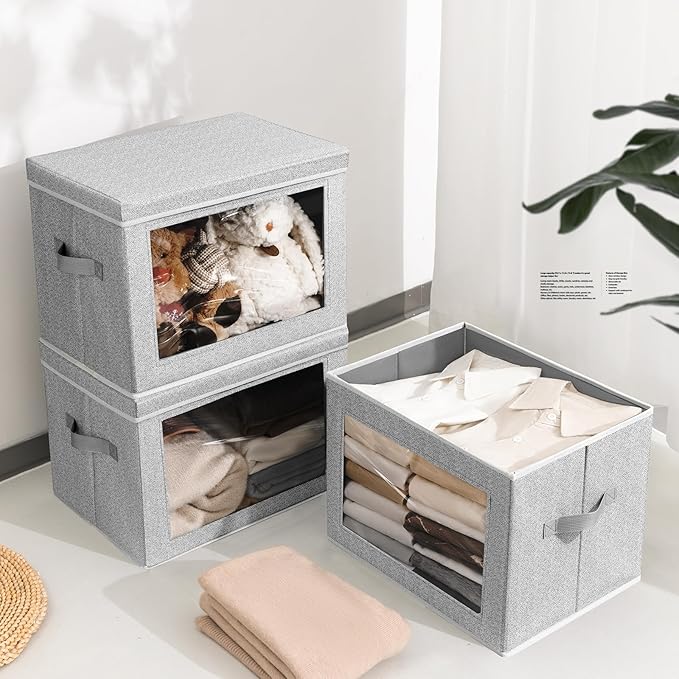 Homsorout Fabric Storage Bins with Lids, Large Storage Cubes with Window, Fabric Storage Baskets Bins for shelves, Closet Storage Boxes for Clothes, Towel, Office, 4 Packs, Blended