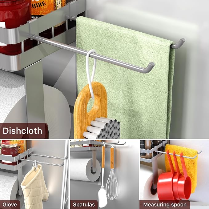 ZUNTO Strong Magnetic Paper Towel Holder for Fridge, Multifunctional Spice Rack Organizer with 2 Detachable Hooks, No Drilling Kitchen Storage for RV & Bathroom, Light Gray
