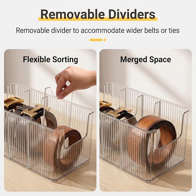 Acrylic Belt Organizer, 2 Pack Clear Belt Storage Box with 4 Adjustable Compartments, Stackable Durable Acrylic Belt Holder, Anti-Scratch Belt Display Case for Closet and Drawer Organization