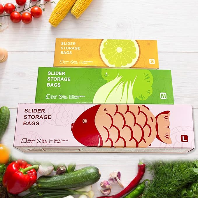 100 Pcs Food Storage Freezer Bags, 3 Sizes Zip Lock Bags, Reusable Ziplock Bags Sandwich Bags with Expandable Bottom, Heavy Duty Zip Seal Food Bags for Fruits, Vegetables, Meat, Grains, Snacks