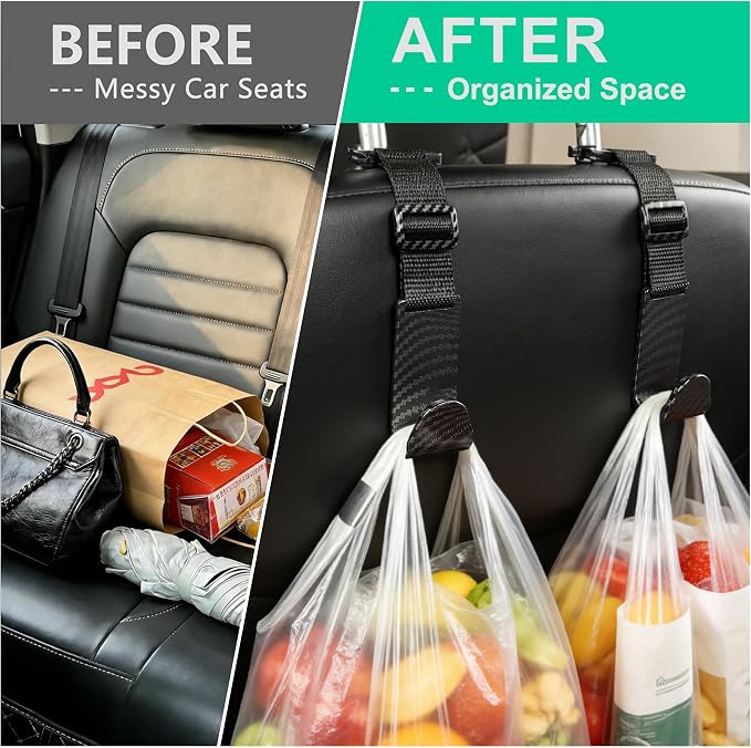 Amooca Headrest Hooks for Car Adjustable 4 Pack Vehicle Seat Back Organizer Storage Hanger Holder for Purse Bags Universal Fit with Clip Black Carbon Fiber