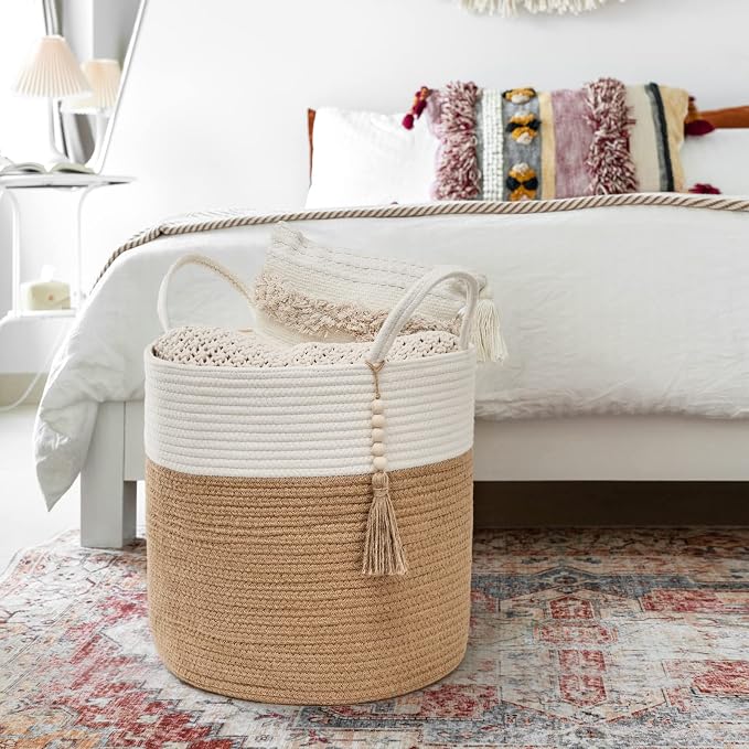 Mkono Woven Storage Basket Decorative Rope Basket Wooden Bead Decoration for Blankets,Toys,Clothes,Shoes,Plant Organizer Bin with Handles Living Room Home Decor, 15"Wx17.7"L,White and Yellow