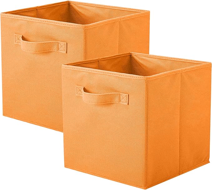 PowerKing Collapsible Storage Cubes, Farbic Storage Bins, Orange, 2 Pack | Sturdy, Lightweight, Easy Pull Handle, Closet & Shelf Organizer, Clothes and Toys Storage, 10.5'' x 11'' x 10.5''